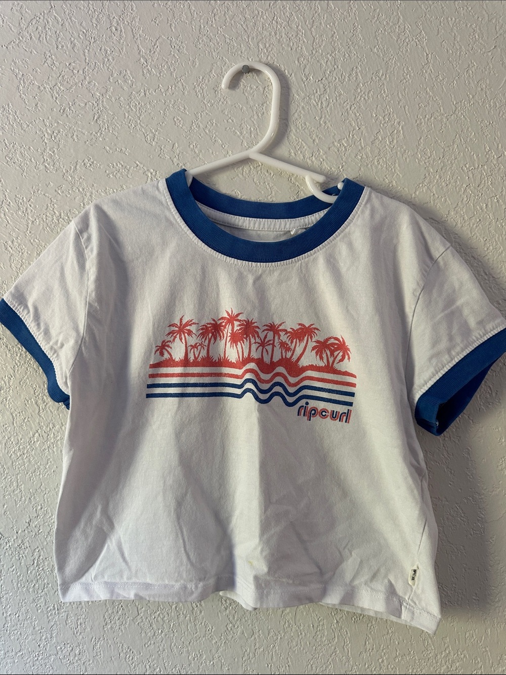 Rip Curl White Tee with Blue Trim and Coral Palm Graphic